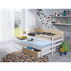 MebloBed Postel Natu I 90x200 cm (Š 97 cm, D 208 cm, V 85 cm), Bílý akryl, Cappucciono akryl, 2 ks matrace (1 ks hlavní + 1 ks přistýlka), zábranka vlevo