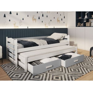 MebloBed Rozkládací postel Tiago s úložným prostorem 90x200 cm (Š 97 cm, D 205 cm, V 76 cm), Přírodní borovice, Bílé PVC, 1 ks matrace do přistýlky