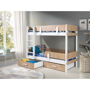 MebloBed Patrová postel Ettore s úložným prostorem 80x180 cm (Š 93 cm, D 190 cm, V 156 cm), Bílý akryl, Dub sonoma PVC, 2 ks hlavní matrace, bez zábranky, žebřík na pravé straně