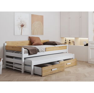 MebloBed Postel Dois 90x200 cm (Š 97 cm, D 208 cm, V 79 cm), Buk, Bílé PVC, 2 ks matrace (1 ks hlavní + 1 ks přistýlka), zábranka vpravo