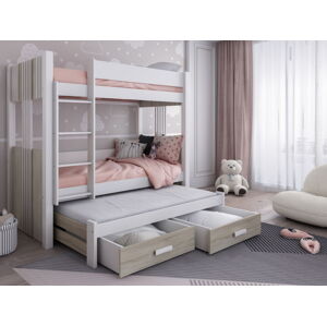 MebloBed Patrová postel Arten - trojlůžko 90x200 cm (Š 103 cm, D 204 cm, V 175 cm), Bílý akryl, Dub sonoma PVC, 3 ks matrace (2 ks hlavní + 1 ks přistýlka), bez zábranky, žebřík na levé straně