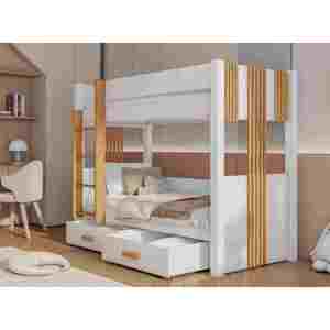 MebloBed Patrová postel Arten s úložným prostorem 80x200 cm (Š 93 cm, D 204 cm, V 160 cm), Přírodní borovice, Bílé PVC, bez matrací, bez zábranky, žebřík na pravé straně
